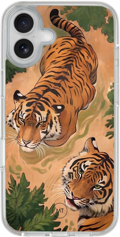 Hybride hoesje geschikt voor iPhone 16 - Wild tigers - Extra bescherming - Luxe beschermhoes - TPU case - Transparant, Oranje - Mooie Telefoonhoesjes