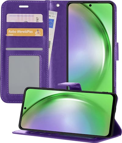 Hoesje - Met Pasjeshouder - Geschikt voor Samsung Galaxy A54 - Luxe Bookcase Portemonee - Flip Case - Kunstleer Book Case - Flipcase - Book Cover - Walletcase - Portemonneehoes - Telefoonhoesjes - Paars