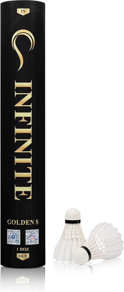 INFINITE Badminton shuttlecocks with great durability and stability and control, suitable for medium level players and club session, 12 pieces per tube, golden S