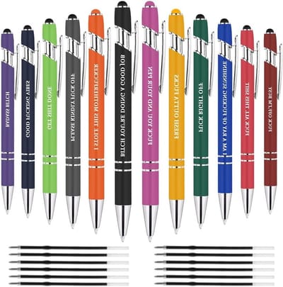 12 Stuks Inspirerende Quotes Pennen, 2-in-1 Metalen Stylus Pennen met 12 Vervangingen, Creatieve en Grappige Pennen voor Volwassenen en Kantoorgebruik