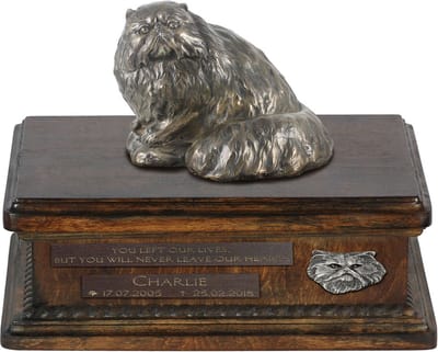 Persische urn voor kattenas, gepersonaliseerd met hondbeeldje en houten urn