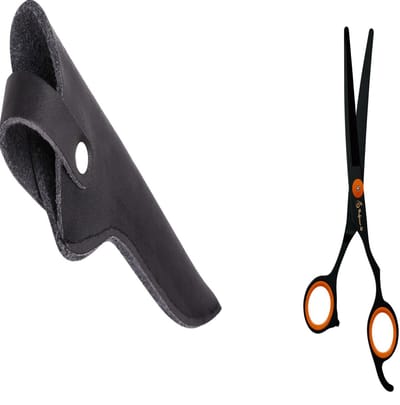 Professionele Hondenschaar – Ergonomische Kromme Trimschaar Rechts – Oranje/Zwart – Voor Vacht- & Pootverzorging – Inclusief Luxe Lederen Etui – 16,5 cm – Zwart