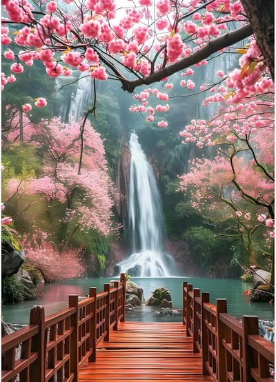 5D Roze Bloemen Diamant Schilderij Kits, DIY Waterval Diamant Kunst Schilderij Volledige Kit, Landschap Borduurwerk Kits Diamant Schilderij Kruissteek Paint voor Volwassenen Beginners 30x40 cm