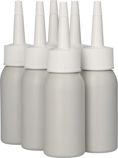 6 x Gerecyclede Plastic Fles 50 ml Tuitdop wit - Rond- Gerecycled HDPE Kunststof - Onbreekbaar - ca. 70% minder Co2 uitstoot door gerecycled materiaal - 6 stuks