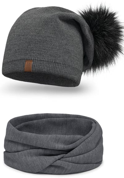 Vivisence Dames Wintermuts en Colsjaal Set - Pompon Van Eco Vezels Dubbelgeslagen Rand Zonder Voering - Zachte Warme Acryl Voor Comfort In Koude Dagen Stijlvolle Bescherming Voor Dagelijks Gebruik - Grafiet