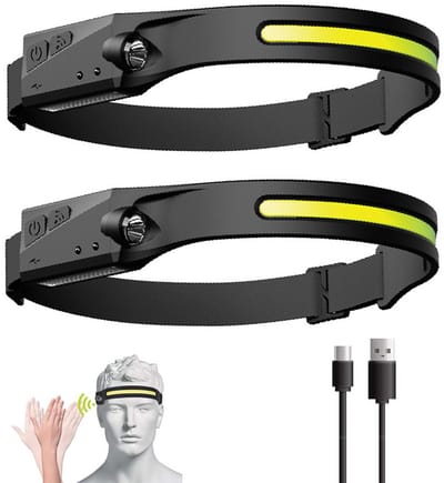 2-stuks Hoofdlamp met golfsensor - Verstelbare LED-hoofdlamp - Waterdichte fietslamp - Hoofdlamp met bewegingssensor - Oplaadbaar via USB - Geschikt voor hardlopen, kamperen, wandelen en onderhoudswerkzaamheden - Zwart