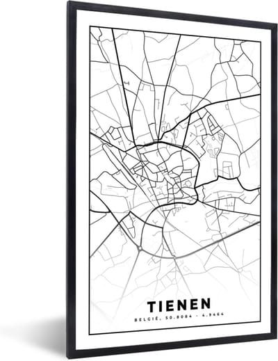 Fotolijst incl. Poster Zwart Wit- België – Tienen – Stadskaart – Kaart – Zwart Wit – Plattegrond - 40x60 cm - Posterlijst