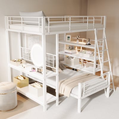 STILVORA Stapelbed 140x200 cm – Hoogslaper Met Opbergrekken – Te Scheiden In 2 Bedden – Met Lattenbodem – Metaal – Wit – Zonder matras