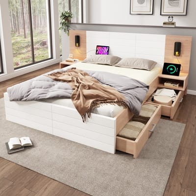 DESMIU Boxspring Bed 180x200cm – Bed met Leeslamp En USB-Laadpunt – Opbergruimte Met 2 Lades En Nachtkastjes – Voor Slaapkamer En Woonkamer – Massief Hout En MDF – Wit Eiken – Zonder Matras