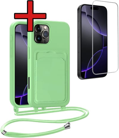 Hoesje Geschikt voor iPhone 16 Pro Hoesje Met Telefoonkoord en Pasjeshouder Met Screenprotector Siliconen - Hoes Geschikt voor iPhone 16 Pro Hoesje Met Kaarthouder Case - Groen