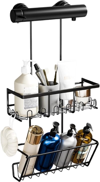 KAD® Doucherek aan Douchewand - 2 Planken - Doucherek Zonder Boren - Doucherek Hoek - Zwart - 10cm x 28cm x 54cm