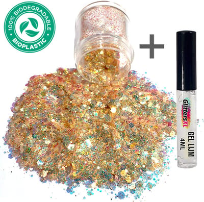 GlittersXL - Chunky Glitters (Goud) + Glitter Huid Lijm Biologisch afbreekbaar [Volume 8g - Festival Jewels Glitter Outfit Lichaam en Gezicht - Make-up Diamond Dots Face Body - Diamantjes Strass Steentjes - Kinderen Volwassenen Dames Makeup Tattoo]