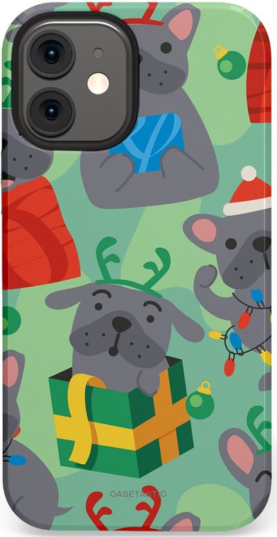 Casetastic hoesje geschikt voor Apple iPhone 12 Mini - Dubbellaagse bescherming - Hondje als Kerstcadeau - Fashion Case - Mintgroen Grijs Rood
