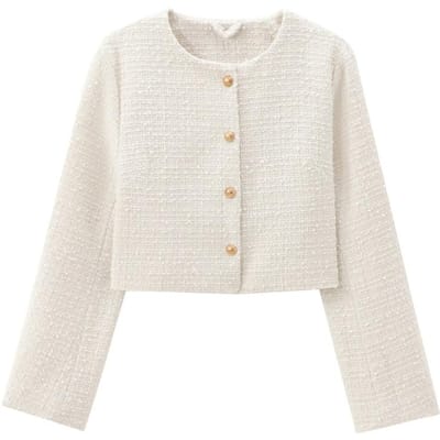Dames Tweed Crop Jas met Gouden Knopen O-Hals Lange Mouwen Jas Vrouwelijke Bovenkleding XS white