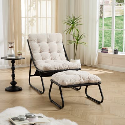 MIVRAY Loungestoel 65 x 78 x 86 cm - Met Voetenbank En Dik Kussen - Voor Woonkamer, Slaapkamer En Terras - Staal Wit