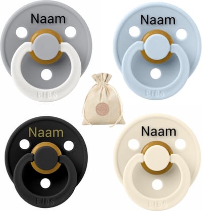 BIBS fopspenen met naam - T1 -Baby blue, Black, Ivory & Glow Cloud - 0-6 maanden - spenen - speen - fopspeen - BolleToet speenzakje