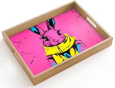 Dienblad hout 40x30 cm - Schootdienblad - Konijn - Felroze - Sjaal - Abstract - Borrelplank rechthoek - Plateau dienbladen