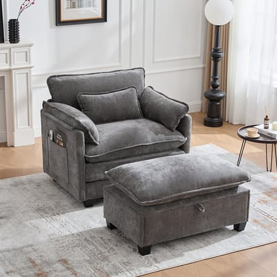 Pugsdrly Moderne oversized fauteuil met voetenbank en poef, fluweel loungefauteuil met zijvakken en kussens, comfortabele leesfauteuil voor de woonkamer, slaapkamer en appartement