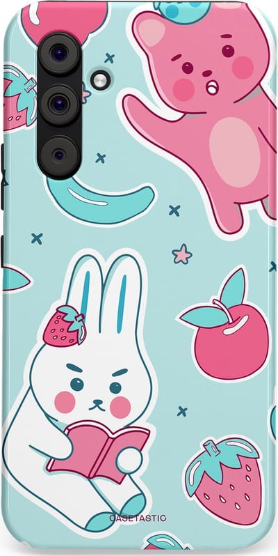 Casetastic hoesje geschikt voor Samsung Galaxy A54 (2023) 5G - Dubbellaagse bescherming - Fruitige vriendjes - Fashion Case - Mintgroen Lichtgrijs Lichtroze Wit