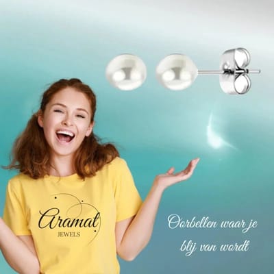 Aramat Jewels | Oorbellen | Stalen Witte Parel Oorbellen In Roestvrij Staal | 5mm | | | Staal | Kinderen, Volwassenen | Verkleurd niet