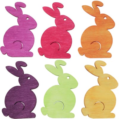Strooidecoratie houten paashaasjes zitten gekleurd 2,5cm x 4cm 72 st,