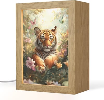 Nachtlampje 15x20 cm - Kinder lampje - Tijger - Bloemen - Jungle - Dieren - Tafellamp kinderkamer - Slaapkamer lamp - Bedlamp kinderen - Kinderlampje stopcontact - Wandlamp babykamer - Nachtlampjes