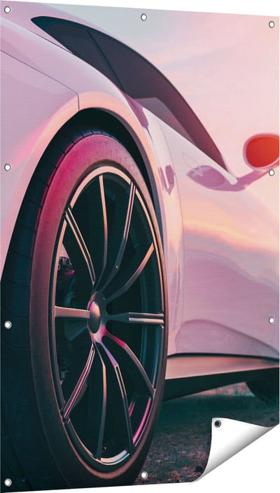 Gards Tuinposter Witte Sportwagen Auto - 80x120 cm - Tuindoek - Tuindecoratie - Wanddecoratie buiten - Tuinschilderij