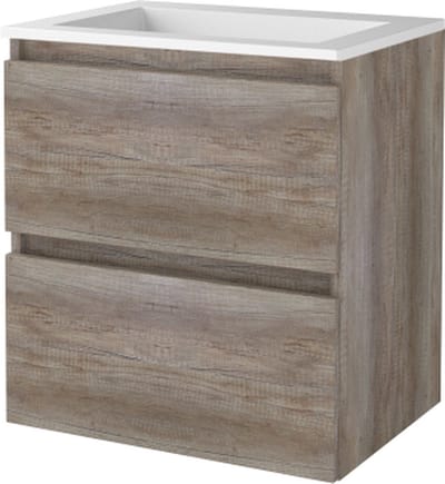 Basic Start 46 badmeubelset met greeploze wastafelonderkast met 2 lades en acryl wastafel zonder kraangaten 60 x 46 cm, scotch oak