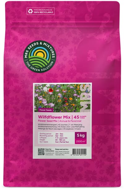 Wildbloemenmengsel - Eén- & meerjarige bloemzaden – Wilde bloemen - 45 bloemsoorten – 5 kg - Voor 2.500 m² – Aantrekkelijk voor vlinders en bijen