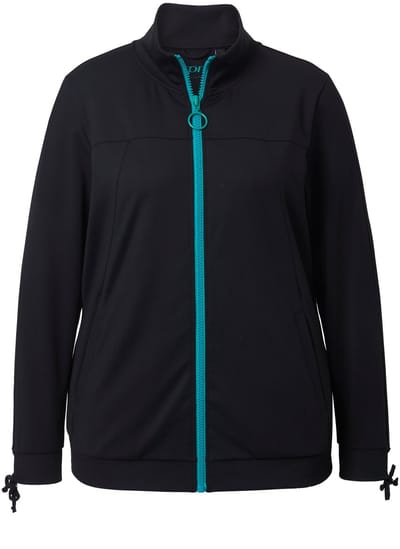 Ulla Popken - Dames - Sweatvest rimpelband bij de mouwen capuchon 2-wegrits - Zwart - Maat 42+