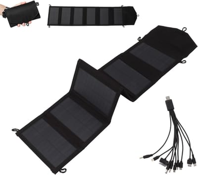 Draagbare zonnepaneellader met uitgangsvermogen van 20 W, 5,2 V, 2 A, 2 USB, opvouwbare zonnepaneellader voor laptops, telefoons, miniventilatoren en een USB-verlengkabel IP65 (zwart) - Cyslmuk®