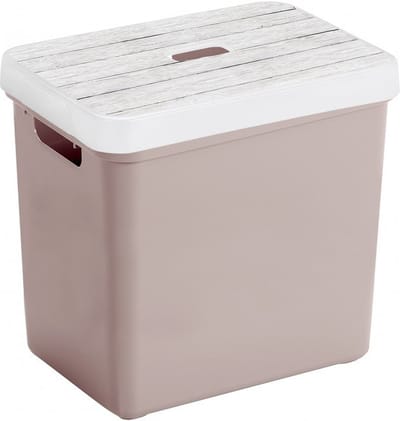 Sunware Opbergbox - mand - roze - 25 Liter - kunststof - met houtkleur deksel - opslag kist - 35 x 25 x 36 cm