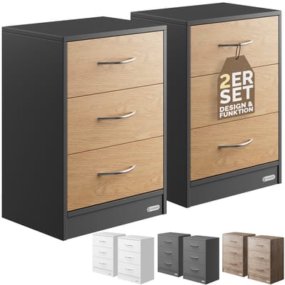 Casaria Nachtkastje Eloise Set van 2 – 3 Lades 54x39x28cm – Hout/Grijs
