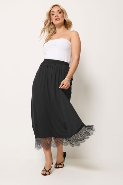 Yours Zwarte Rok Met Kanten Rand En Plooien Size 38
