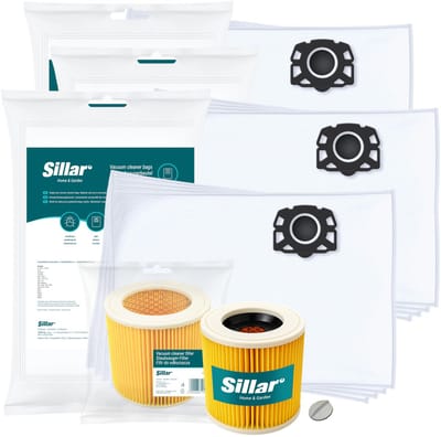 Sillar Stofzuigerzakken synthetisch, 12 stuks + 1x stofzuigerfilter versterkt met gaas - met bevestigingsplug - set voor stofzuigers - compatibel met Karcher WD1 WD2 WD3 WD3.200 KWD1 KWD2 KWD3 SE4 SE4001 SE4002 - vervangers