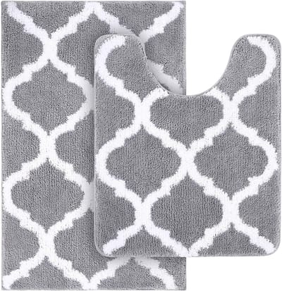 Famanu – Antislip badmatset - 2 - delig - zacht - hoogpolig - badkamer - toilet - badkamertapijt - set - microvezel - 2 - delige set - grijs