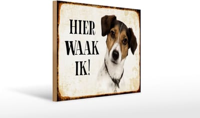 Houten bordje van FEMER 40x30cm met tekst nederlands Hier Waak ik Jack Russell Terrier