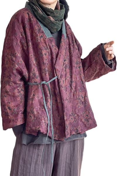 Katoenen Gewatteerde Korte Jas Kimono Vest Wrap Front Hanfu Stijl Patchwork Print Vrouwen