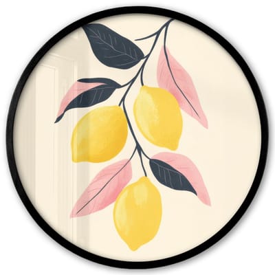 Poster in lijst Rond - Fotolijst 40x40 cm - Posters - Citroenen - Felgeel - Tak - Bladeren - Ronde posterlijst zwart - Decoratie - Wanddecoratie woonkamer - Muurdecoratie slaapkamer