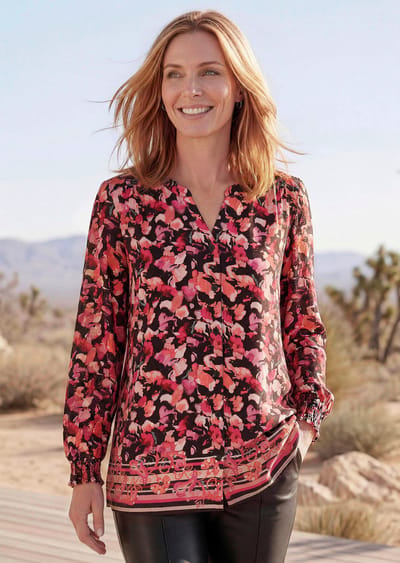 Viscose blouse met boord en gesmokte manchetten - roze / zwart / gedess. - Gr. 19 van Goldner Fashion