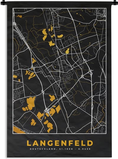 Wandkleed - Wanddoek - Black and Gold – Stadskaart – Langenfeld – Duitsland – Plattegrond – Kaart - 120x180 cm - Wandtapijt