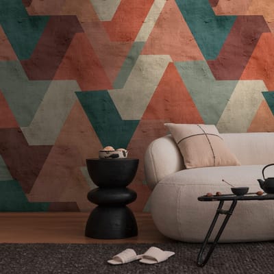 Fotobehang Profhome 398371-GU vliesbehang hardvinyl warmdruk in reliëf glad met grafisch patroon mat oranje groen petrol rood 1,59 m x 2,8 m