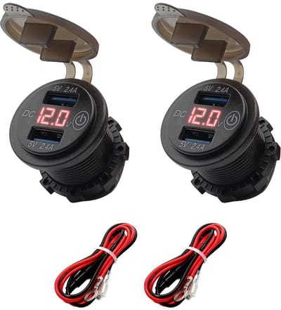 ProRide 12V USB Wandcontactdoos Inbouw - 2 USB Poorten - Voltmeter - 5V/2.4A - Rood - Kabel en Zekering - 2 stuks