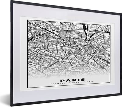 Fotolijst incl. Poster Zwart Wit- Kaart - Paris - Plattegrond - Parijs - Frankrijk - Stadskaart - Zwart wit - 40x30 cm - Posterlijst