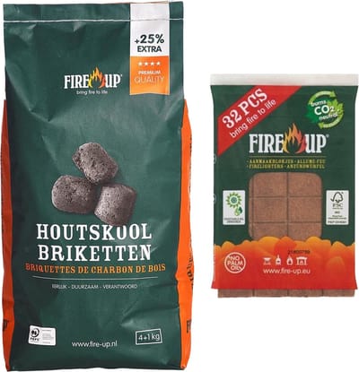 BBQ starterspakket - houtskool briketten 5 kilo - barbecue aanmaakblokjes 32x