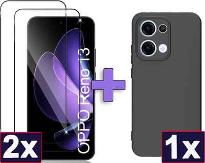 Casemania Hoesje & Glas Geschikt voor Oppo Reno 13 - Zwart & 2x Glazen Screenprotector - Siliconen Back Cover