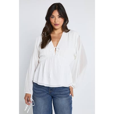 boohoo Dames Chiffon blouse met banddetail aan de voorkant en extra volume | Ivory | Maat: 8
