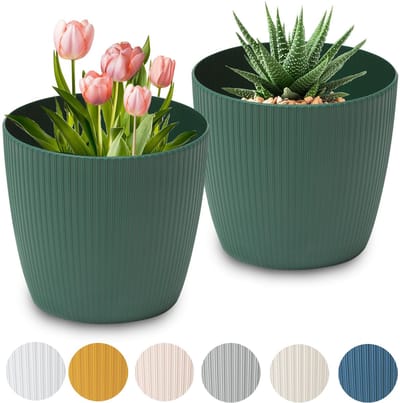 mat, plantenbak van sierpot, kunststof, decoratieve pot voor, grote planten, 2 x bloembakken, kruidenpot, (2 stuks), groen, diameter 30 cm