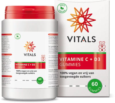 Vitals Vitamine C+D3 gummies - 60 gummibeertjes. 100% vegan en vrij van toegevoegde suikers.