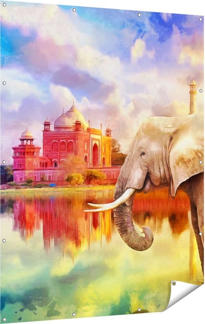 Gards Tuinposter Getekende Olifant bij Taj Mahal - Abstract - 120x160 cm - Tuindoek - Tuindecoratie - Wanddecoratie buiten - Tuinschilderij